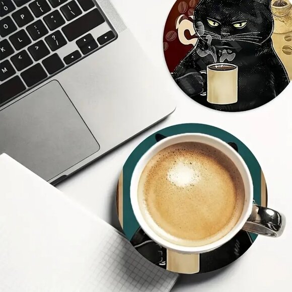 6pc Coffee Black Cat Design Wooden Coasters - Picture 2 of 4